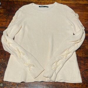 Lauren Ralph Lauren beige crew neck sweater with velvet lace up details L